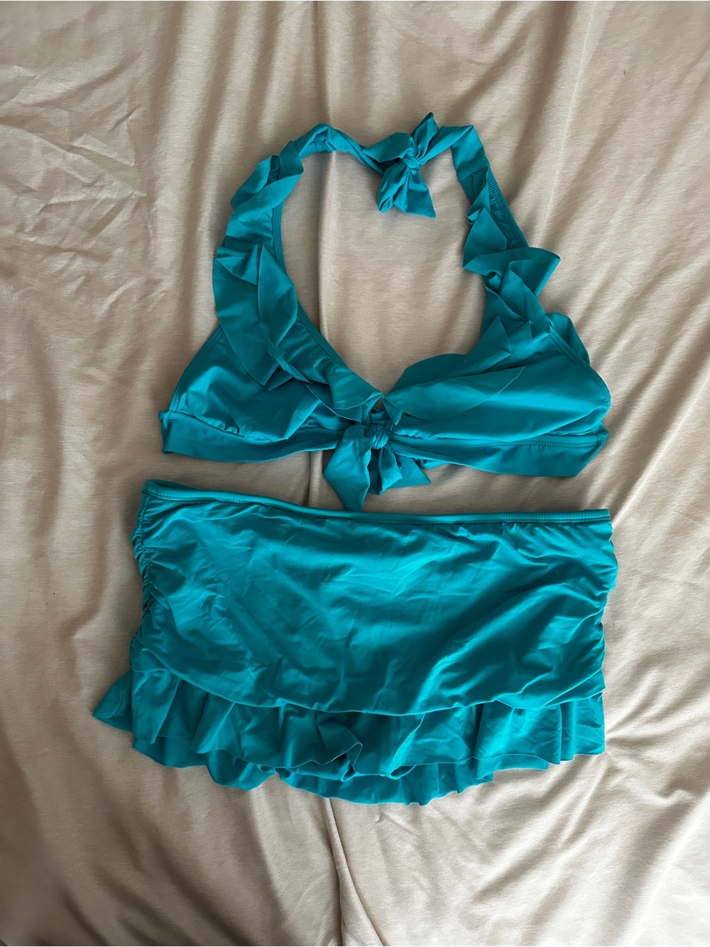 Kenneth Cole Turquoise Halter Bikini Top and Bottom Skirt with Ruffle Trim